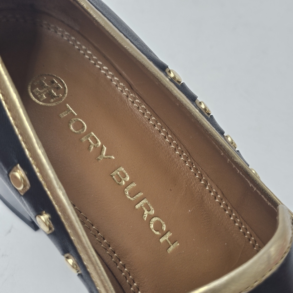 Tory Burch Studded Block Heel Loafer Pump Black Gold Leather Left Shoe 6.5 US - Picture 8 of 11